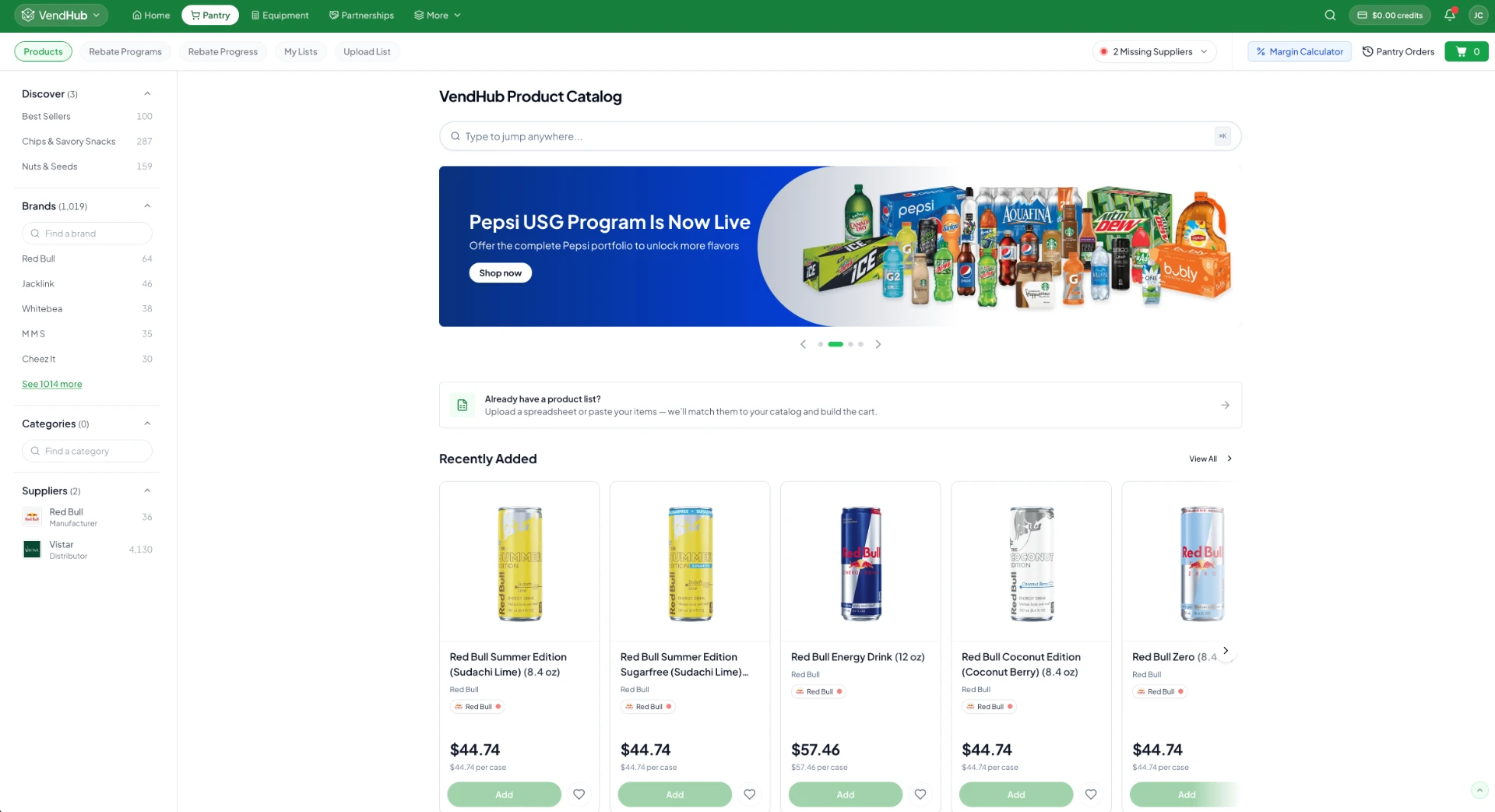 VendHub Product Catalog showing the Pantry marketplace