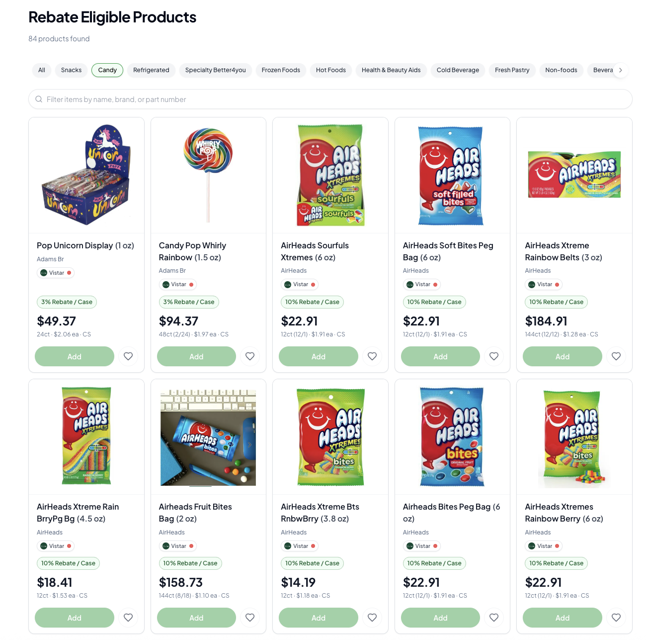 Rebate eligible products grid