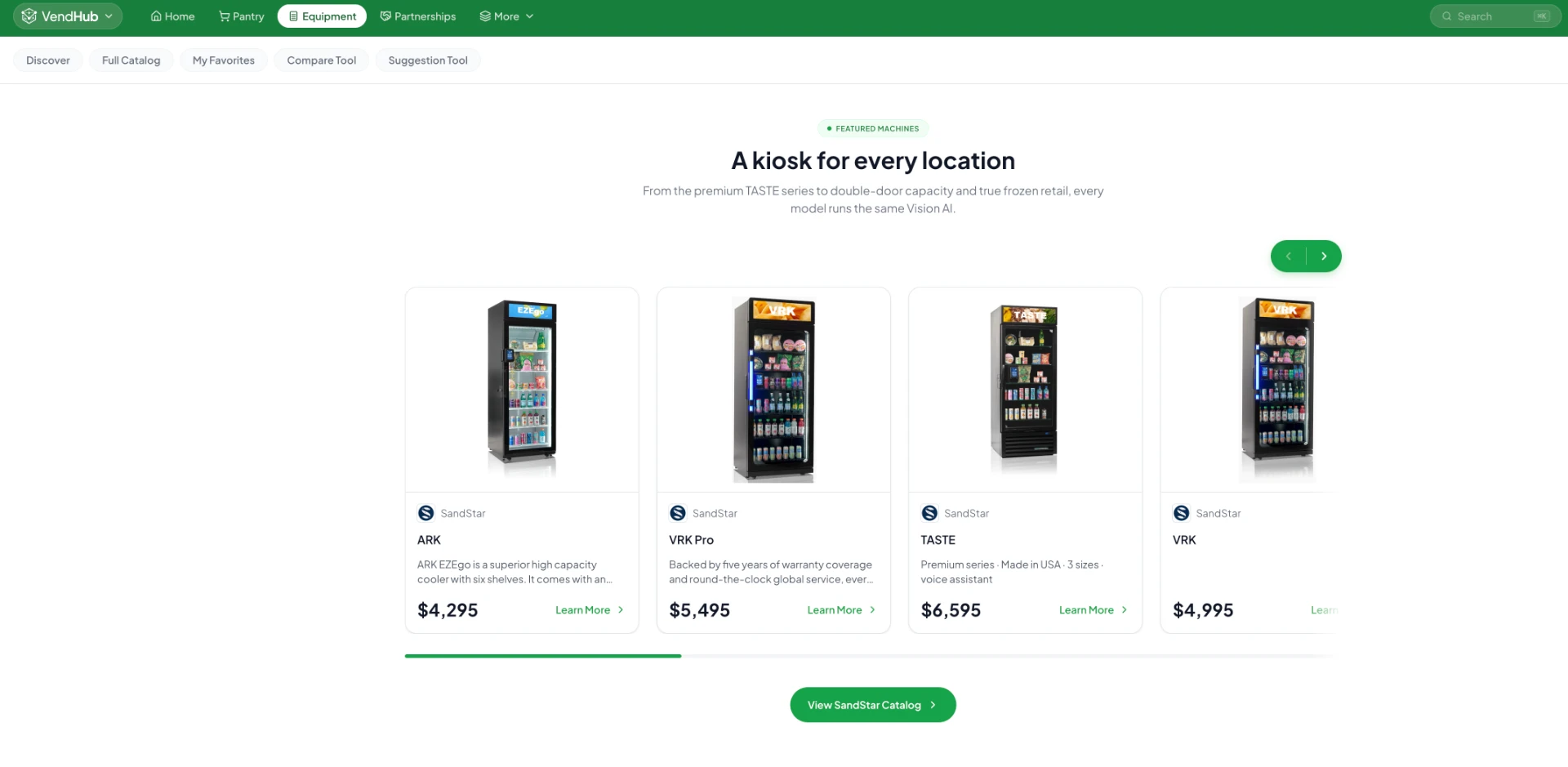 VendHub Equipment catalog showing smart coolers